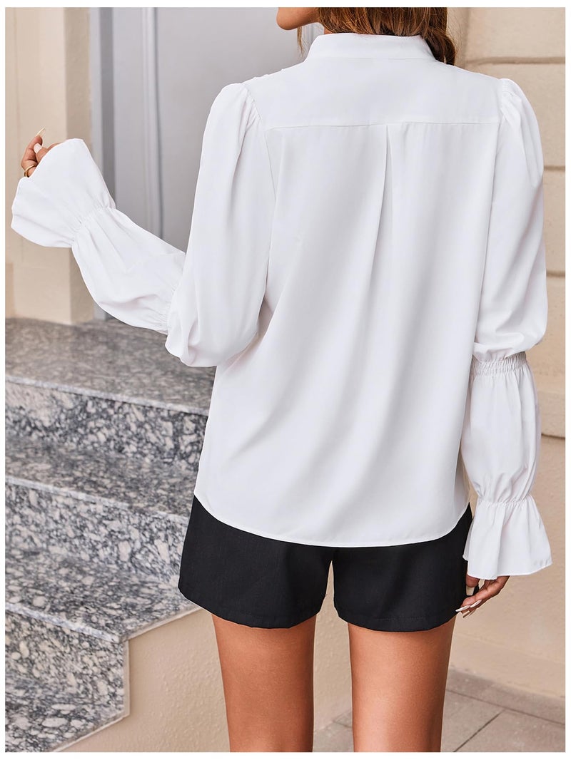 SweatyRocks Women's Puff Sleeve Button Down Shirt Vintage Loose Fit Blouse Dressy Casual Tops White Large - Image 2