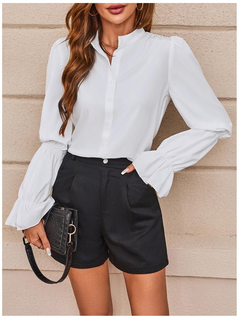 SweatyRocks Women's Puff Sleeve Button Down Shirt Vintage Loose Fit Blouse Dressy Casual Tops White Large - Image 5