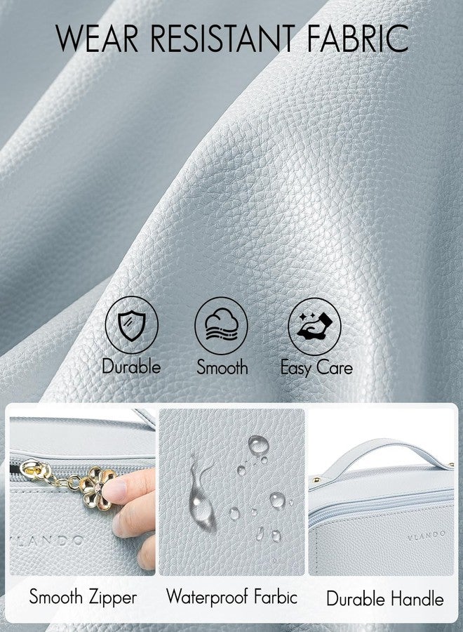 Vlando Makeup Bag,Large Capacity Toiletry Bag for Women Waterproof Portable Make up Pouch PU Leather Open Flat Cosmetic Bag(Baby Blue) - Image 2
