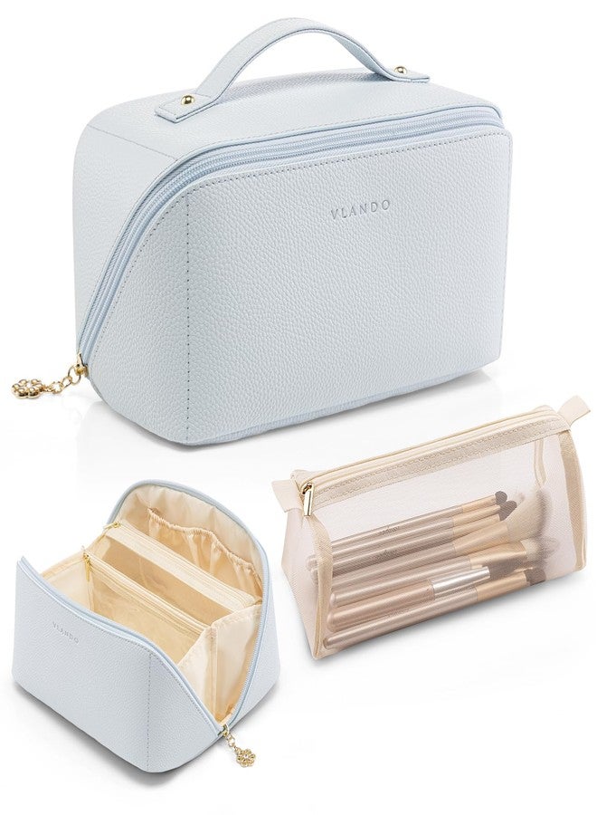 Vlando Makeup Bag,Large Capacity Toiletry Bag for Women Waterproof Portable Make up Pouch PU Leather Open Flat Cosmetic Bag(Baby Blue) - Image 1