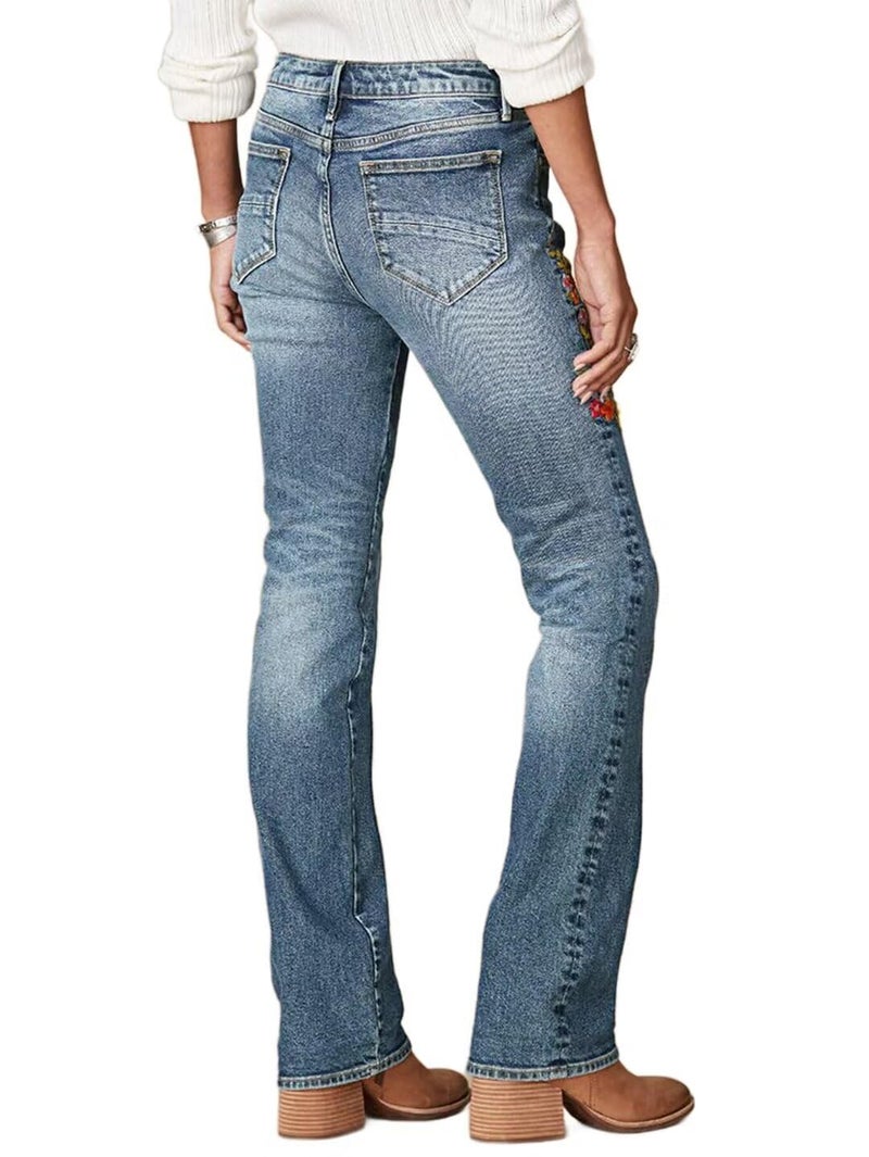 Flamingals Women's Floral Embroidery Mid Waist High Stretch Bootcut Jeans with Pockets Sky Mid Blue XL - Image 5