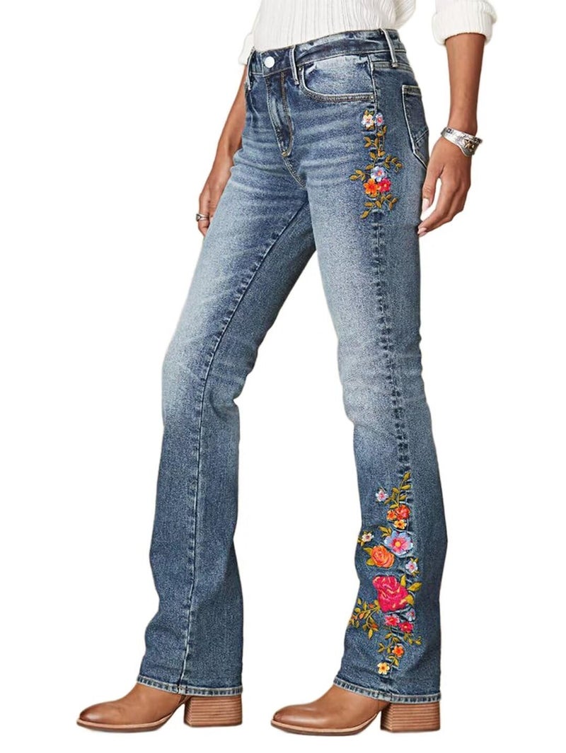 Flamingals Women's Floral Embroidery Mid Waist High Stretch Bootcut Jeans with Pockets Sky Mid Blue XL - Image 4