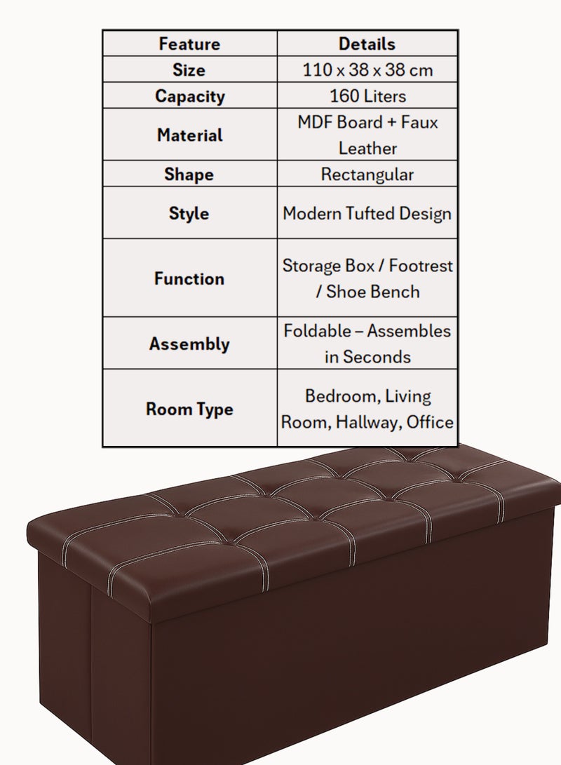 دي بلو مقعد عثماني قابل للطي للتخزين مع مقعد مبطن من الجلد الصناعي، صندوق تخزين مستطيل كبير سعة 160 لتر، مقعد لتغيير الأحذية، مسند للقدمين، أثاث موفر للمساحة لغرفة النوم وغرفة المعيشة - (110 × 38 × 38 سم) - Image 2
