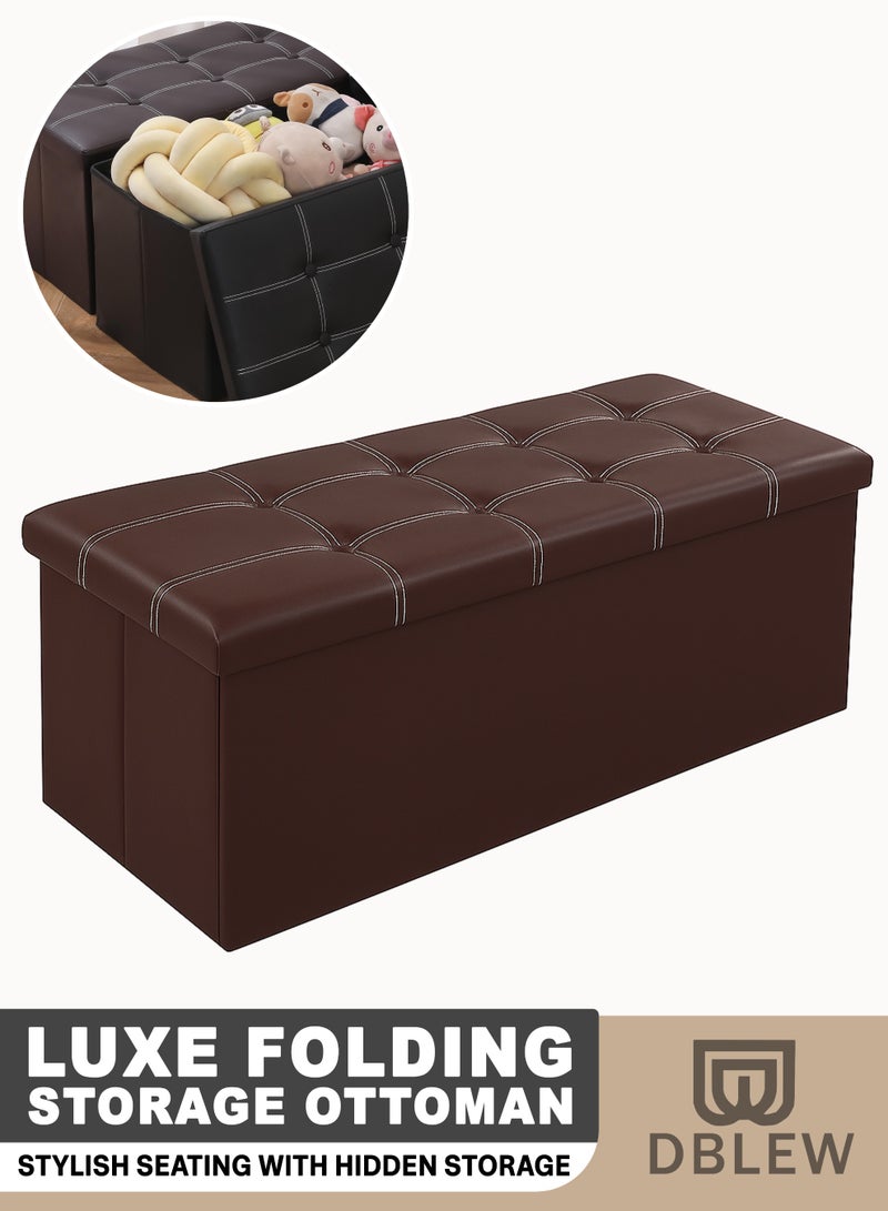 دي بلو مقعد عثماني قابل للطي للتخزين مع مقعد مبطن من الجلد الصناعي، صندوق تخزين مستطيل كبير سعة 160 لتر، مقعد لتغيير الأحذية، مسند للقدمين، أثاث موفر للمساحة لغرفة النوم وغرفة المعيشة - (110 × 38 × 38 سم) - Image 1