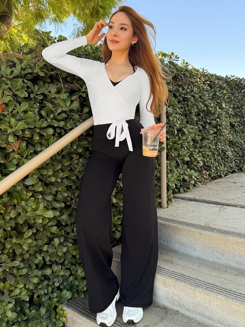 YEOREO Women Pilates Wrap Top Long Sleeve Tie Ballet Workout Yoga Shirt Michelie Y2K V Neck Cropped Tops - Image 3