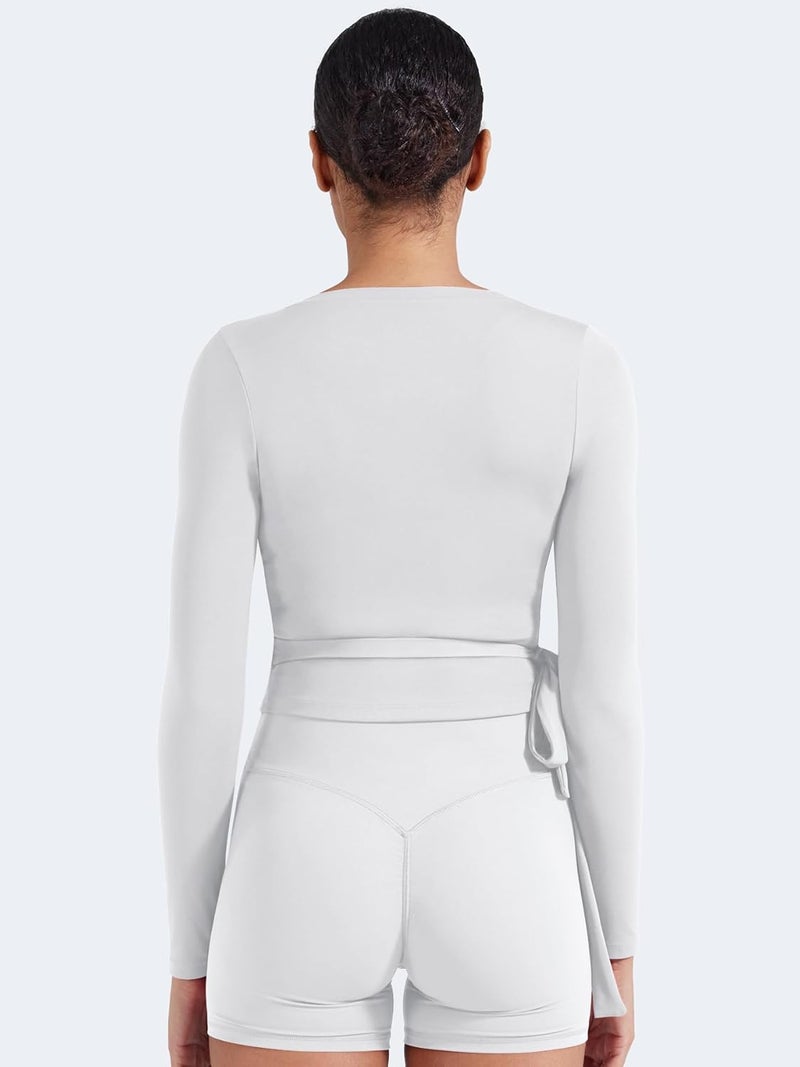 YEOREO Women Pilates Wrap Top Long Sleeve Tie Ballet Workout Yoga Shirt Michelie Y2K V Neck Cropped Tops - Image 4