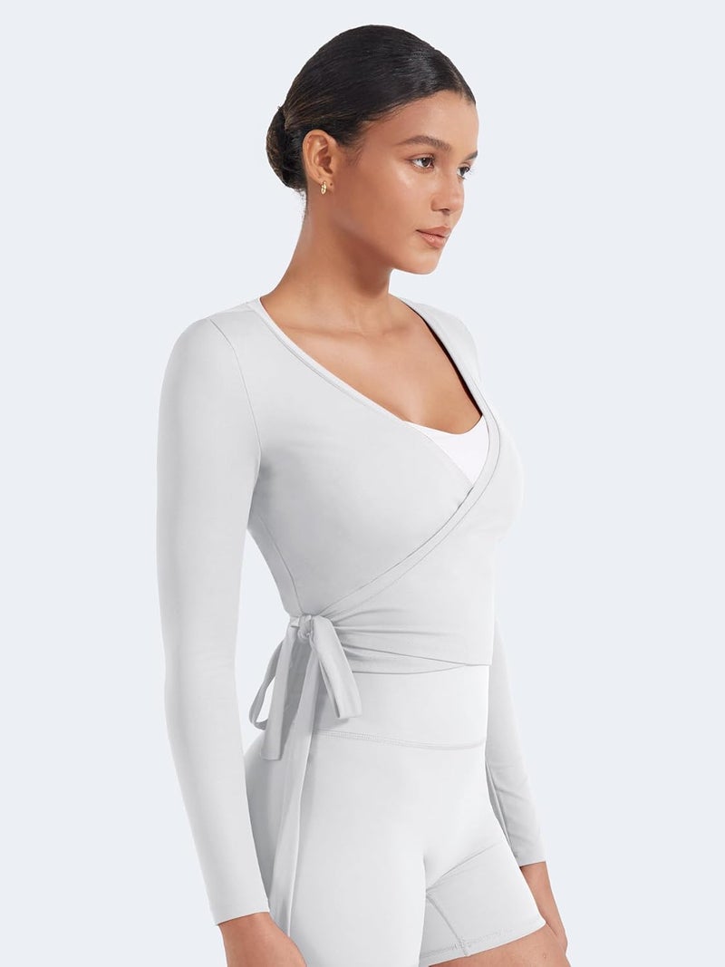 YEOREO Women Pilates Wrap Top Long Sleeve Tie Ballet Workout Yoga Shirt Michelie Y2K V Neck Cropped Tops - Image 5