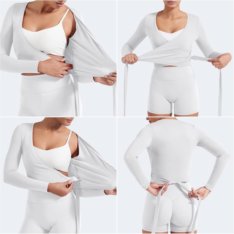 YEOREO Women Pilates Wrap Top Long Sleeve Tie Ballet Workout Yoga Shirt Michelie Y2K V Neck Cropped Tops - Image 2