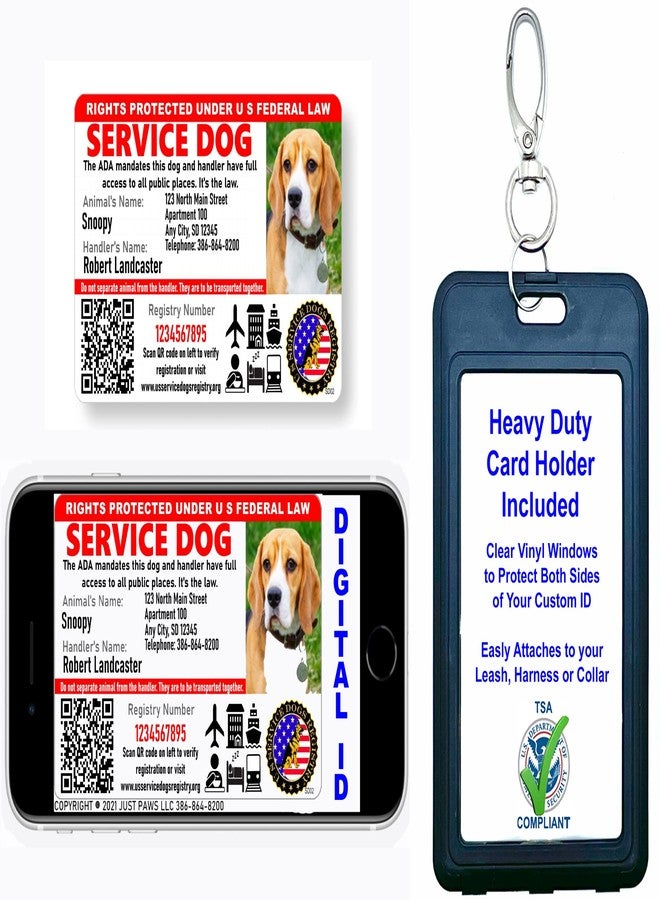 Just 4 Paws Custom Service Dog ID Card with QR Code & Security Seal and Optional Holograph | Registration to U S Service Dogs Registry Plus ID Holder & Digital ID - Landscape Style - Image 2