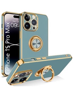 YoYoTech iPhone 15 Pro Max Soft Silicon Shockproof Luxury Gold Lining Case Rotatable Magnetic Ring Holder Kickstand Cover Full Camera Protection.(Grey)  - Image 1