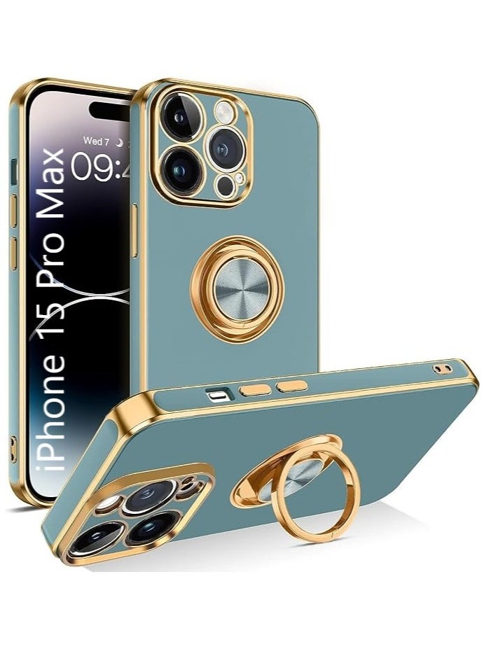 YoYoTech iPhone 15 Pro Max Soft Silicon Shockproof Luxury Gold Lining Case Rotatable Magnetic Ring Holder Kickstand Cover Full Camera Protection.(Grey)  - Image 1