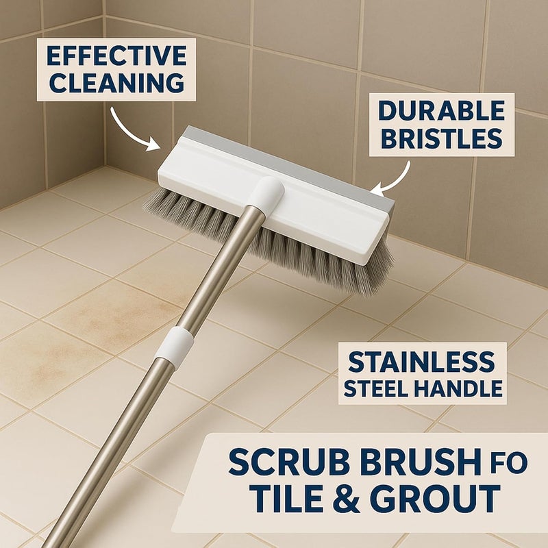 WELLUCK فرشاة تنظيف الحمام مع ممسحة، فرشاة تنظيف الأرضيات والبلاط، ملحقات تنظيف الحمام، فرشاة تنظيف بمقبض طويل، فرشاة متعددة الاستخدامات لتنظيف الحمام بشكل فعال - Image 4