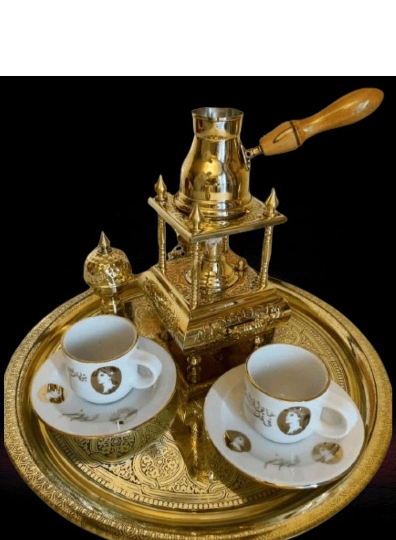 كانكا طقم القهوة التركية 5 قطع من النحاس الأصفر, سبرتاية ملكية ,كنكة ,صينية منقوشة, 2 فنجان قهوة بورسلين  بالأطباق - Image 4
