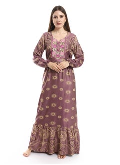Embroidered Chest Jacquard Cotton Dress - 600 Purple