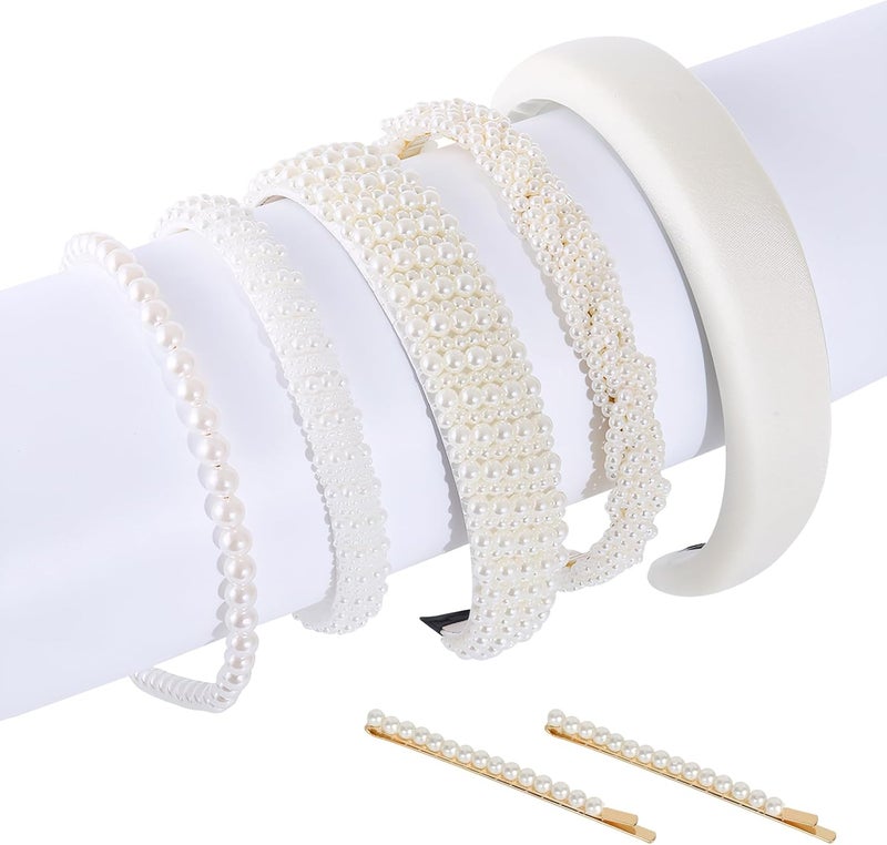 5 Pieces Beaded Headband White with 2 Hairpins Pearl Headband for Women Girls Wedding Hair Accessories Hairband with Artificial Pearls Hair Accessories for Women and Girls