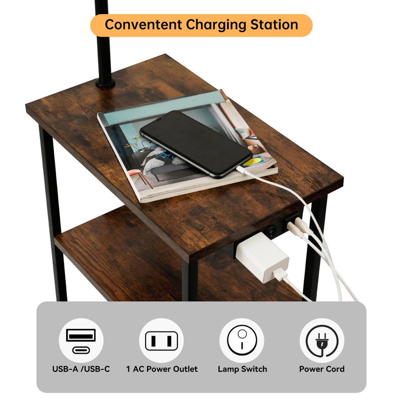 Qupui Floor Lamp with Table, Narrow Side Table with Fabric Basket, USB-A/USB-C Charging Station and AC Port, 3 Color Temperatures 12W LED Bulb, End Table for Bedroom, Living Room and Home Office, Brown - Image 2