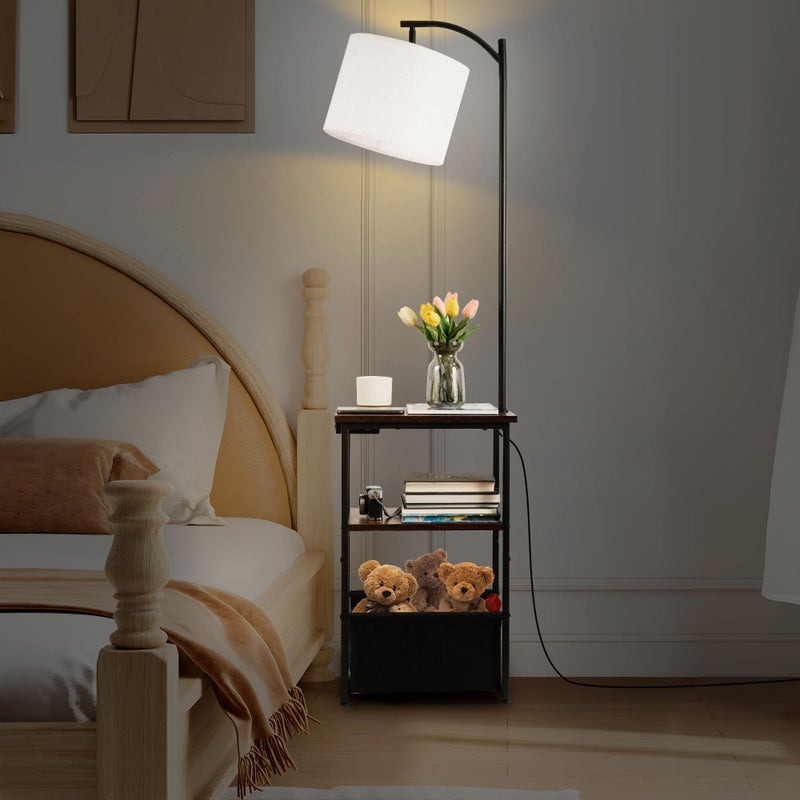 Qupui Floor Lamp with Table, Narrow Side Table with Fabric Basket, USB-A/USB-C Charging Station and AC Port, 3 Color Temperatures 12W LED Bulb, End Table for Bedroom, Living Room and Home Office, Brown - Image 4