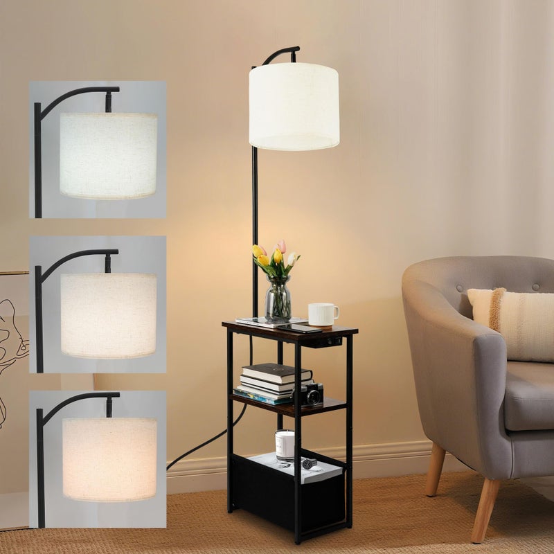Qupui Floor Lamp with Table, Narrow Side Table with Fabric Basket, USB-A/USB-C Charging Station and AC Port, 3 Color Temperatures 12W LED Bulb, End Table for Bedroom, Living Room and Home Office, Brown - Image 1