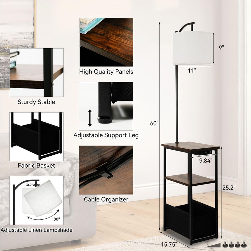 Qupui Floor Lamp with Table, Narrow Side Table with Fabric Basket, USB-A/USB-C Charging Station and AC Port, 3 Color Temperatures 12W LED Bulb, End Table for Bedroom, Living Room and Home Office, Brown - Image 3
