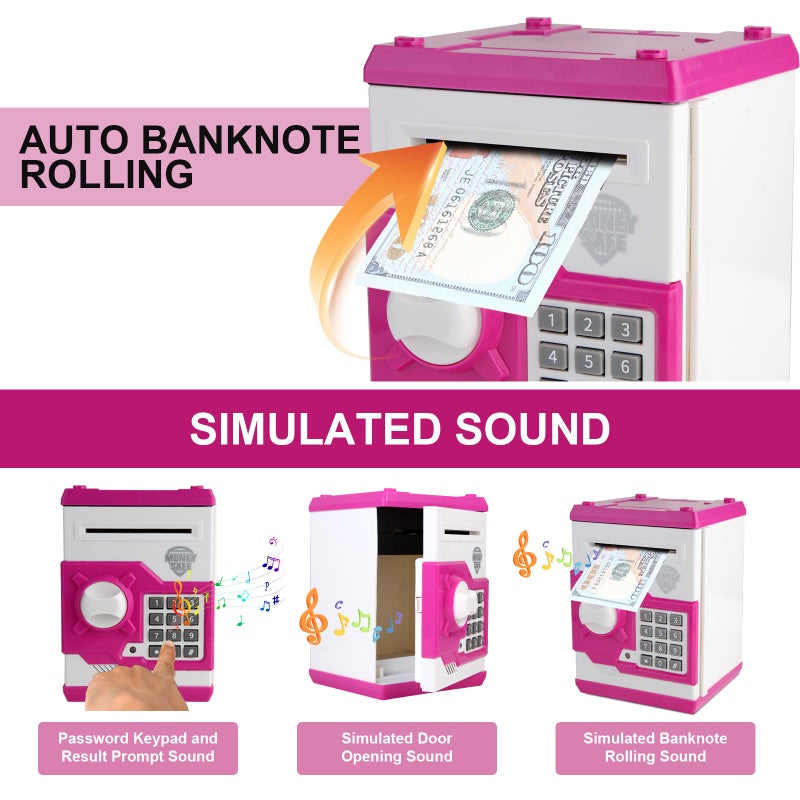 Pup Go Electronic Piggy Bank للأطفال الذين تتراوح أعمارهم بين 3 سنوات فما فوق، ماكينة الصراف الآلي الآمنة مع كلمة المرور والتمرير النقدي التلقائي للأطفال، بنوك التوفير، بنك العملات المعدنية، صندوق آمن للأطفال، فكرة عيد ميلاد للأولاد والبنات (وردي) - Image 2