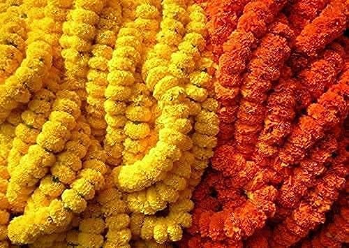 Abhaas Artificial Marigold Flowers For Decoration Long Marigold Garlands For Decoration Toran Genda Phool For Diwali Wedding&Festivals(4.7 Ft,Light Orange,5 Strings),6 Cm - Image 4
