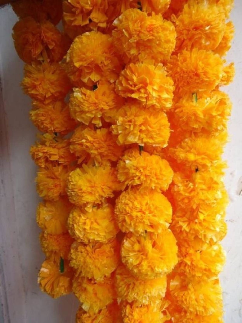 Abhaas Artificial Marigold Flowers For Decoration Long Marigold Garlands For Decoration Toran Genda Phool For Diwali Wedding&Festivals(4.7 Ft,Light Orange,5 Strings),6 Cm - Image 3