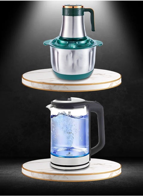 A set consisting of an electric meat and vegetable chopper and slicer, 5 speeds, made of stainless steel, capacity 5 liters, 500 watts, and an electric kettle, capacity 2.5 liters, 1500 watts.