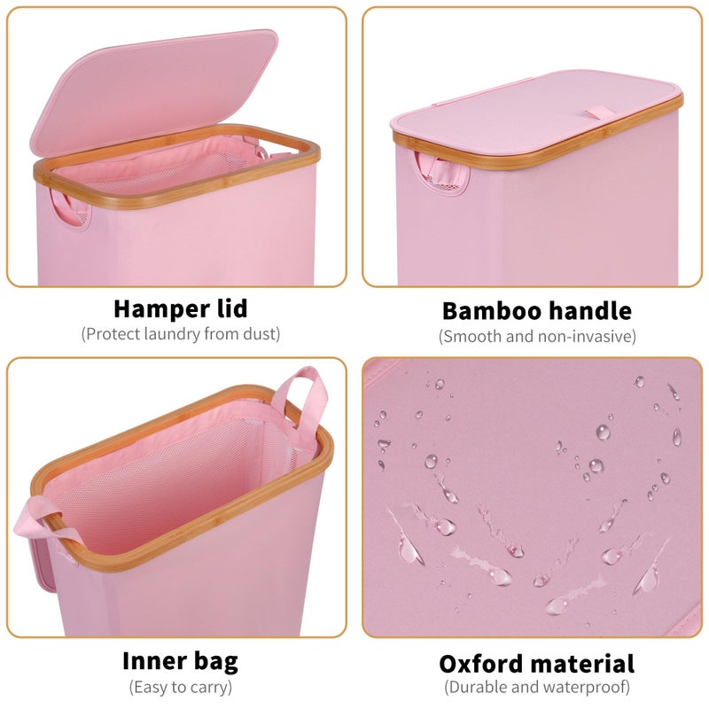 iEGrow 65L Slim Laundry Hamper, Narrow Laundry Basket with Lid,Foldable Clothes Hamper with Bamboo Handles,Hamper Basket with Removable Inner Bag for Laundry Room Bedroom College Dorm,17.17 Gals Pink - Image 4