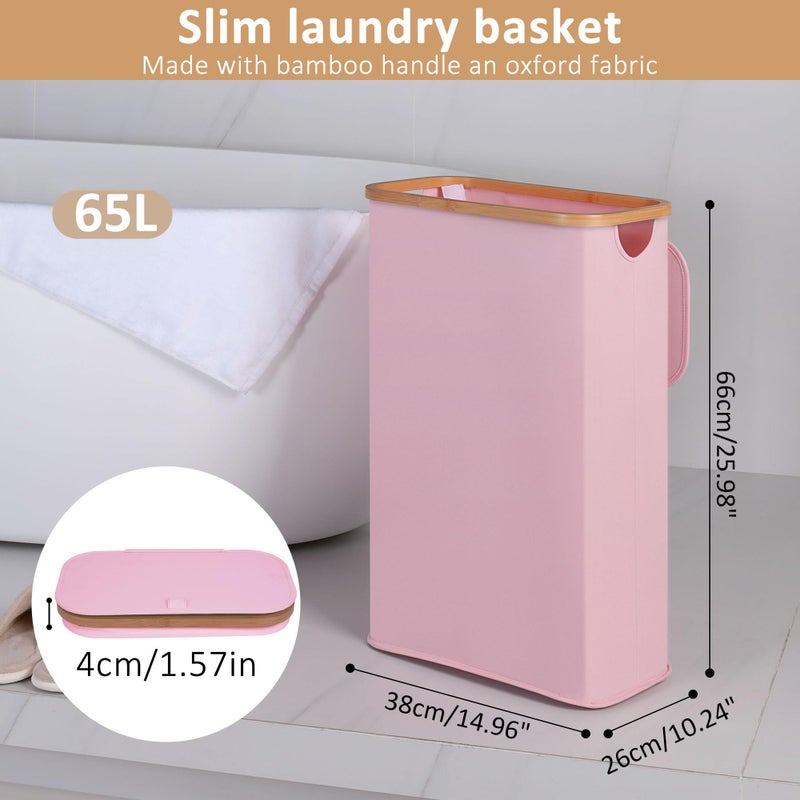 iEGrow 65L Slim Laundry Hamper, Narrow Laundry Basket with Lid,Foldable Clothes Hamper with Bamboo Handles,Hamper Basket with Removable Inner Bag for Laundry Room Bedroom College Dorm,17.17 Gals Pink - Image 2