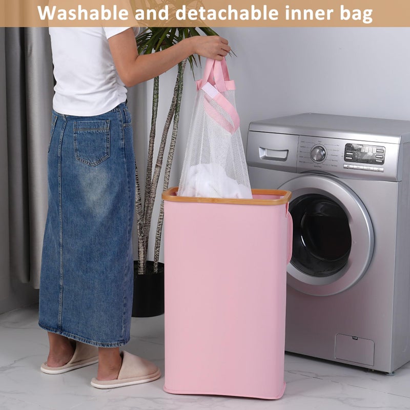iEGrow 65L Slim Laundry Hamper, Narrow Laundry Basket with Lid,Foldable Clothes Hamper with Bamboo Handles,Hamper Basket with Removable Inner Bag for Laundry Room Bedroom College Dorm,17.17 Gals Pink - Image 5