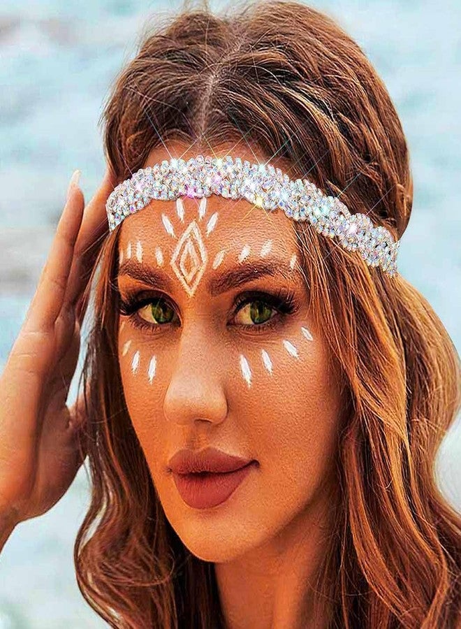 Fstrend Elastic Rhinestone headbands Sparkly Silver Crystal Braid Head Chain for Women (Silver B) - Image 1