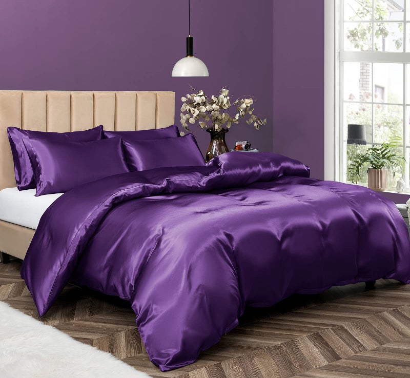 P Pothuiny 5 Pieces Satin Duvet Cover King Size Set Luxury Silky Like Purple Duvet Cover Bedding Set with Zipper Closure 1 Duvet Cover  4 Pillow Cases No Comforter