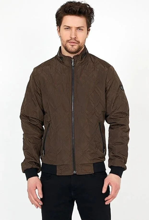 سيفيست New Season Men's Brown Seasonal Knitwear and Leather Piping Detailed Zippered Inner Pocket Coat & Jacket