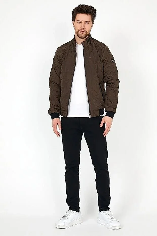 سيفيست New Season Men's Brown Seasonal Knitwear and Leather Piping Detailed Zippered Inner Pocket Coat & Jacket