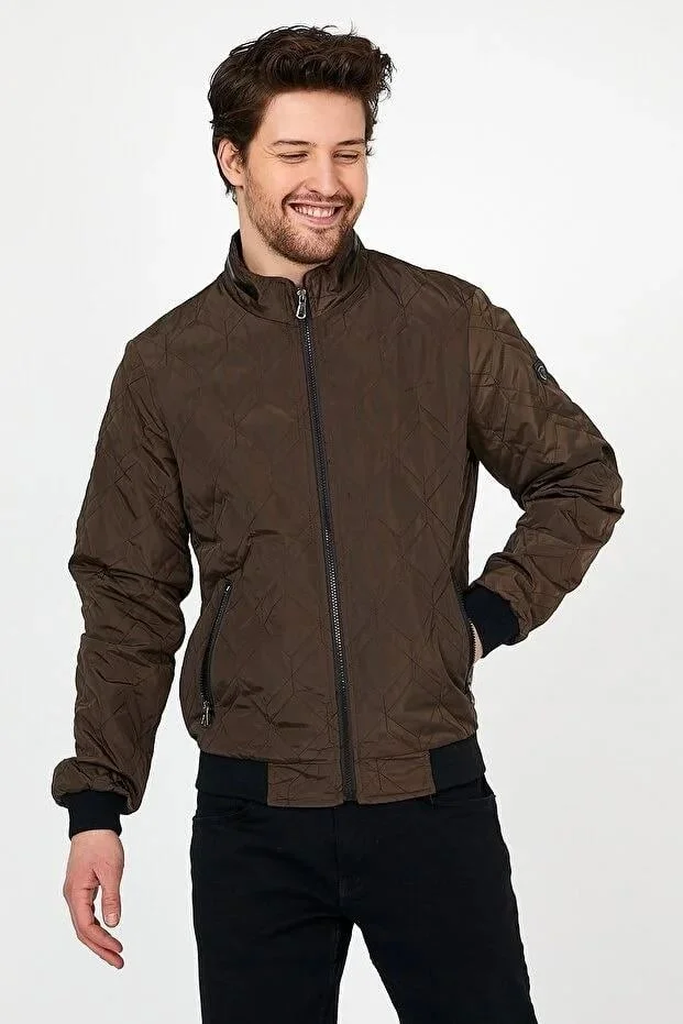 سيفيست New Season Men's Brown Seasonal Knitwear and Leather Piping Detailed Zippered Inner Pocket Coat & Jacket