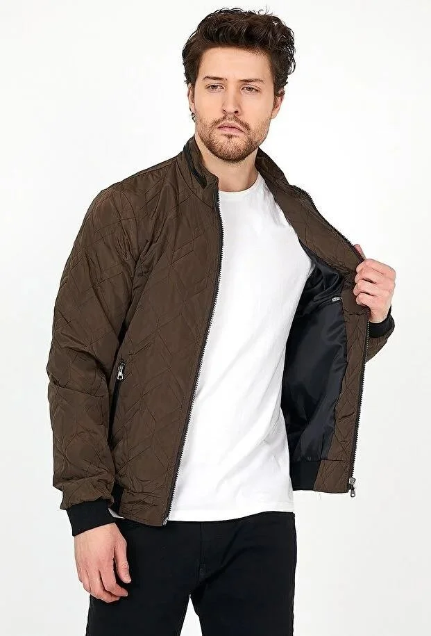 سيفيست New Season Men's Brown Seasonal Knitwear and Leather Piping Detailed Zippered Inner Pocket Coat & Jacket