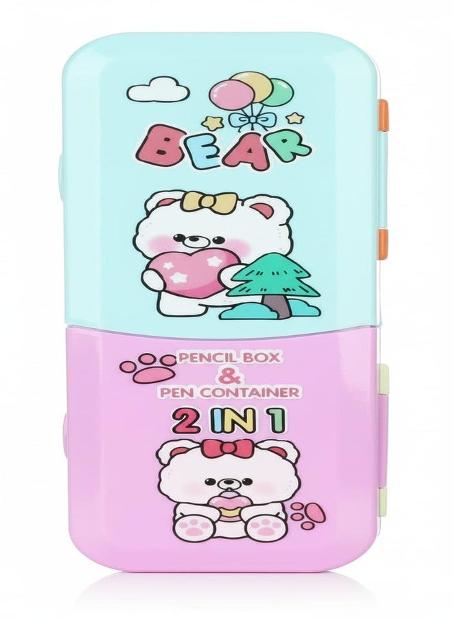 KRySt Cute Cartoon 2-in-1 Pencil Box | Multi-Color Animal Design Stationery Case | Durable Plastic Pencil Organizer for School Students (Bear) - Image 1