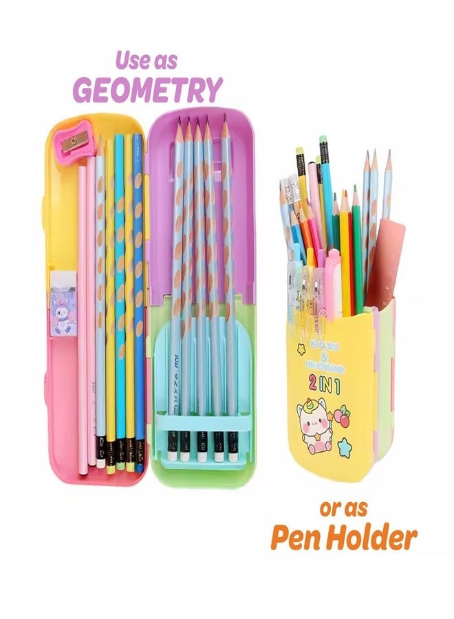 KRySt Cute Cartoon 2-in-1 Pencil Box | Multi-Color Animal Design Stationery Case | Durable Plastic Pencil Organizer for School Students (Bear) - Image 3