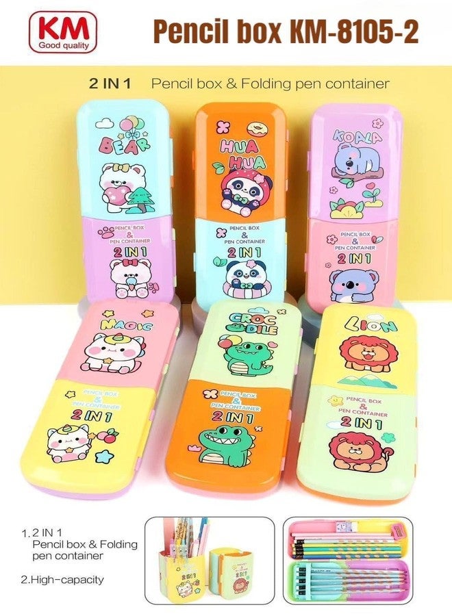 KRySt Cute Cartoon 2-in-1 Pencil Box | Multi-Color Animal Design Stationery Case | Durable Plastic Pencil Organizer for School Students (Bear) - Image 2