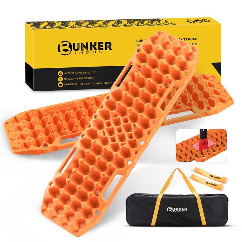 لوحات الجر BUNKER INDUST OffRoad مع قاعدة جاك زوج من مسارات الاسترداد 4X4 جيب شاحنة طوارئ مطاط الجر مع حقيبة مسارات الرمل والطين والثلج باللون البرتقالي الجيل السابع