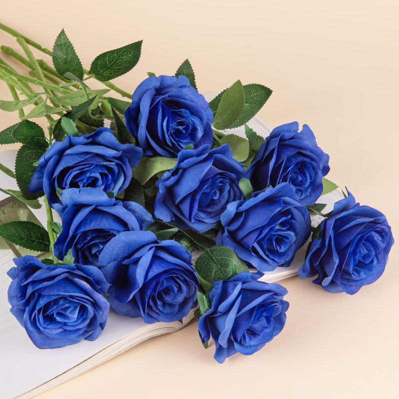 Flojery 10pcs Royal Blue Silk Roses Artificial Rose Flowers Long Stem for DIY Wedding Bouquet Table Centerpiece Home Decor (Royal Blue) - Image 2