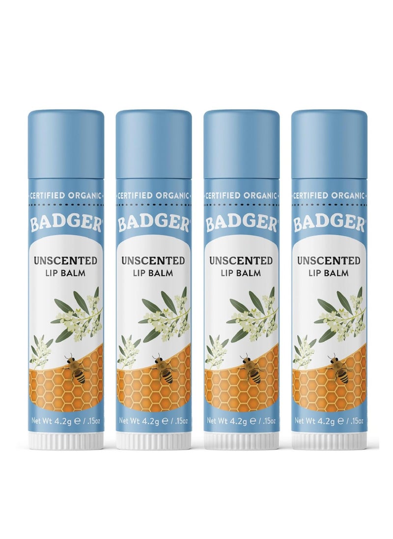Badger Badger Unscented Classic Lip Balm, 100% Organic Lip Balm for Sensitive Lips, Long Lasting Lip Moisturizer w/Light Silky Texture, 4 Pack 