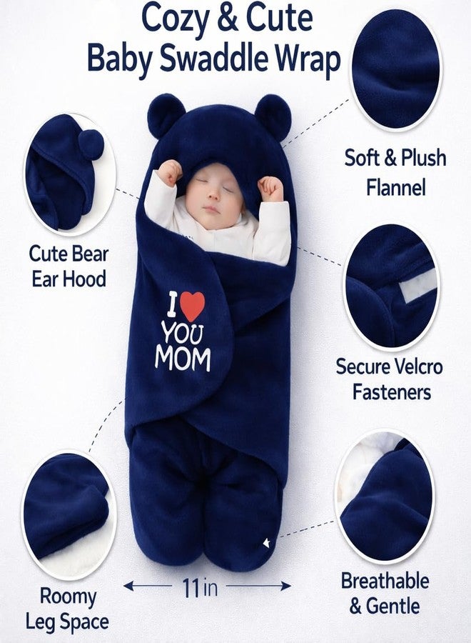 First Kick مجموعة بطانيات الأطفال حديثي الولادة من فيرست كيك، تتضمن كيس نوم بغطاء رأس ومنشفة استحمام للأطفال من عمر 0-6 أشهر، بنين وبنات، عبوة من قطعتين، مصنوعة من الفلانيل، باللون الأزرق الداكن، بنقشة الأم والقطة، خفيفة الوزن. - Image 4