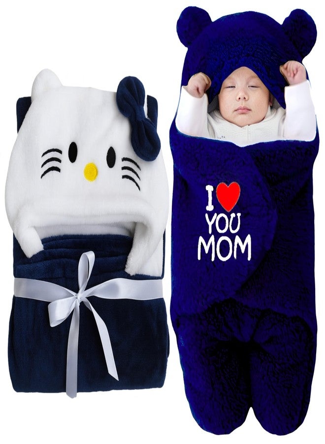 First Kick مجموعة بطانيات الأطفال حديثي الولادة من فيرست كيك، تتضمن كيس نوم بغطاء رأس ومنشفة استحمام للأطفال من عمر 0-6 أشهر، بنين وبنات، عبوة من قطعتين، مصنوعة من الفلانيل، باللون الأزرق الداكن، بنقشة الأم والقطة، خفيفة الوزن. - Image 1