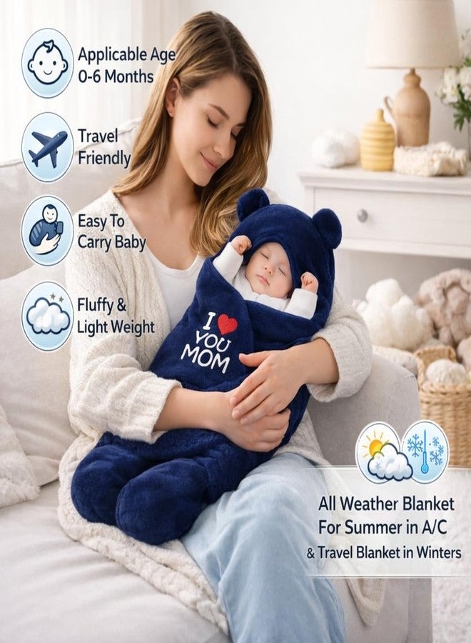 First Kick مجموعة بطانيات الأطفال حديثي الولادة من فيرست كيك، تتضمن كيس نوم بغطاء رأس ومنشفة استحمام للأطفال من عمر 0-6 أشهر، بنين وبنات، عبوة من قطعتين، مصنوعة من الفلانيل، باللون الأزرق الداكن، بنقشة الأم والقطة، خفيفة الوزن. - Image 5