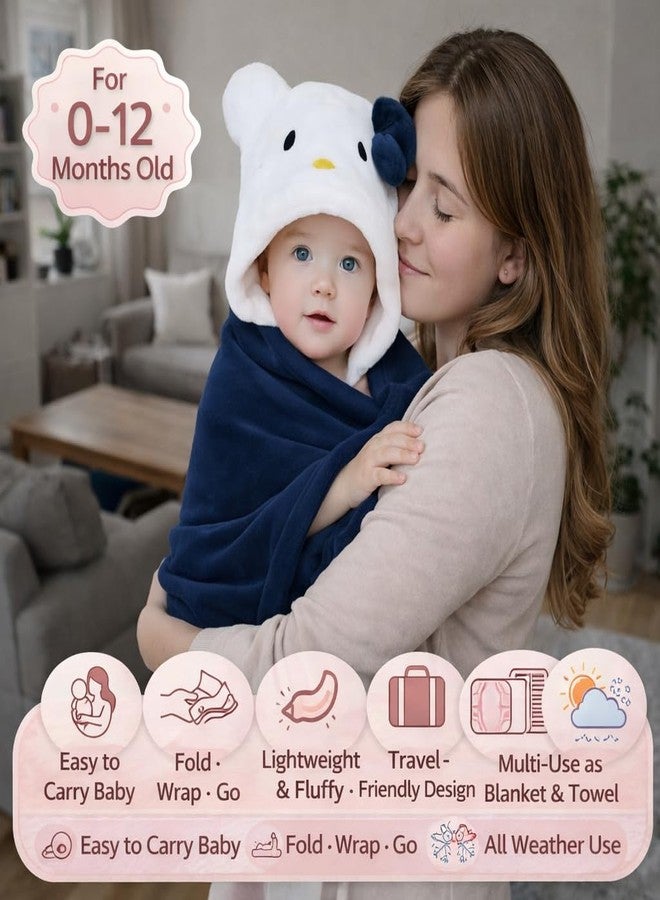 First Kick مجموعة بطانيات الأطفال حديثي الولادة من فيرست كيك، تتضمن كيس نوم بغطاء رأس ومنشفة استحمام للأطفال من عمر 0-6 أشهر، بنين وبنات، عبوة من قطعتين، مصنوعة من الفلانيل، باللون الأزرق الداكن، بنقشة الأم والقطة، خفيفة الوزن. - Image 2