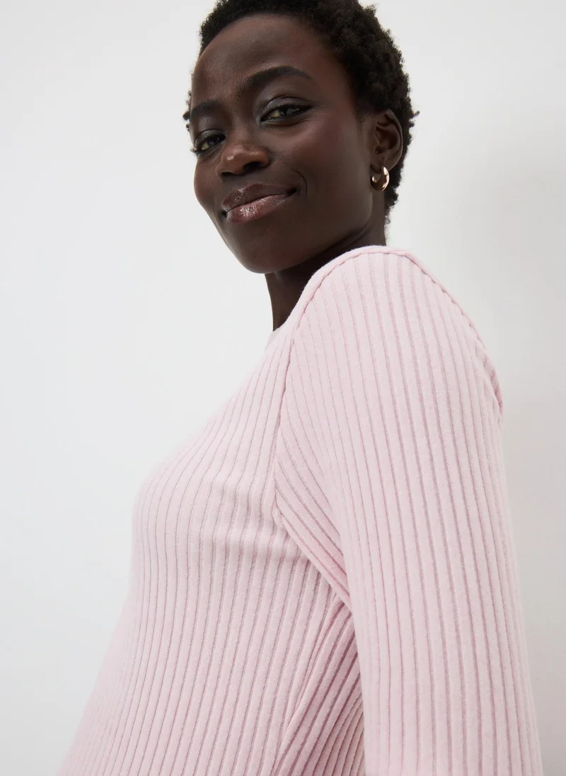 ماتلان بلوزة بأكمام طويلة ناعمة وردية مضلعة