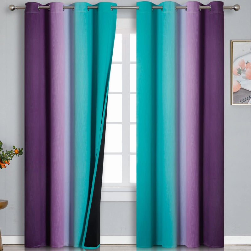 Teal Blackout Curtains 84 Inches Long Ombre Purple Blackout Curtains for Bedroom Grommet Thermal Insulated Gradient Drapes Full Light Blocking Curtains for Kids Room52x84 Inch 2 Panels