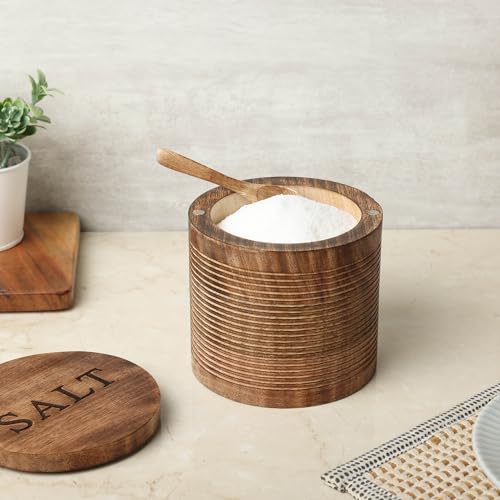dudki Wooden Salt Box (5 inch x 5 inch) with Magnetic Lid & Wooden spoon| 800 ML Round Container| Bowl Pot Jar Salt Box | Mango Wood for Dinning Table| Kitchen Home| Seasonings - Image 2