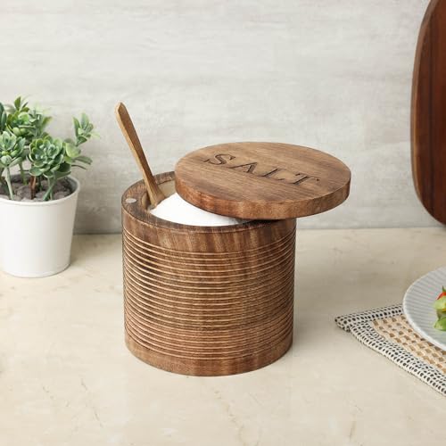 dudki Wooden Salt Box (5 inch x 5 inch) with Magnetic Lid & Wooden spoon| 800 ML Round Container| Bowl Pot Jar Salt Box | Mango Wood for Dinning Table| Kitchen Home| Seasonings - Image 4
